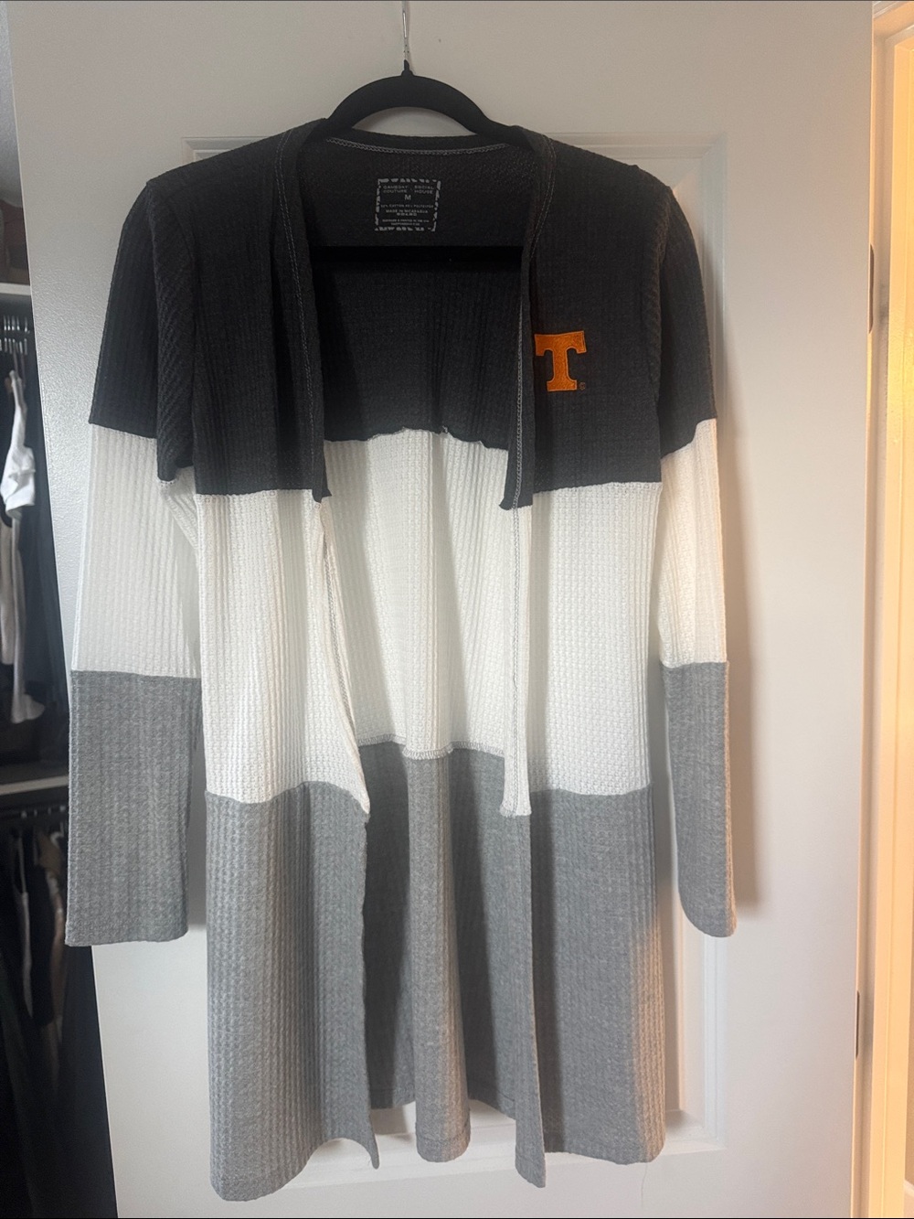 UT Striped Open-Front Cardigan Sweater - Gray/White with Orange T Accent